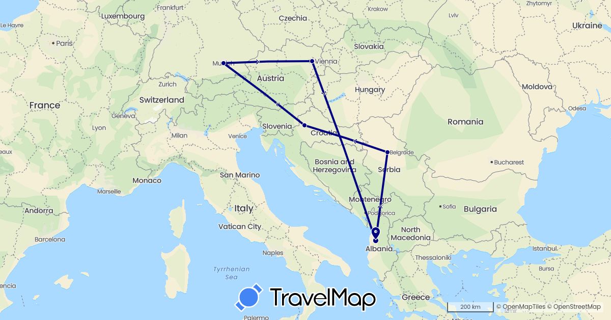 TravelMap itinerary: driving in Albania, Austria, Germany, Croatia, Serbia (Europe)
